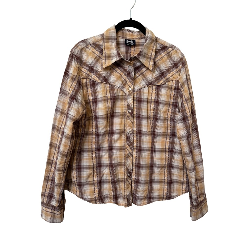 Y2K Twik Simons Womens Brown Plaid Western Snap Button Down Cotton Shirt Yoke